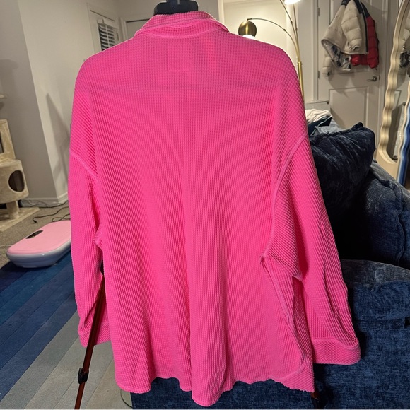 Aerie LumberJane Waffle Shirt Shacket Button Down Oversized in Coral Sun - Picture 7 of 14